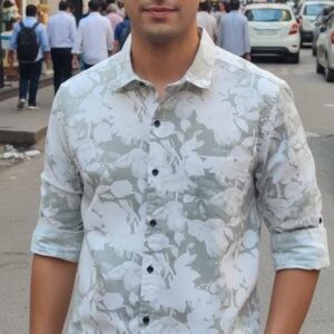 white and light grey floral printed shirt