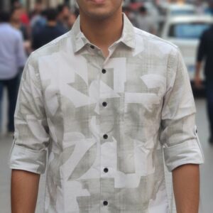 white and grey floral printed shirt