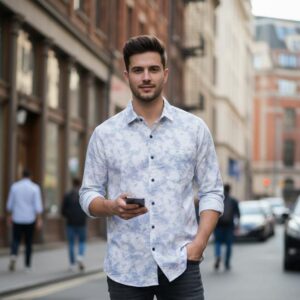 white and sky blue floral printed shirt