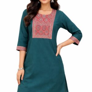 women cotton printed straight kurti – teal green with ethnic yoke design