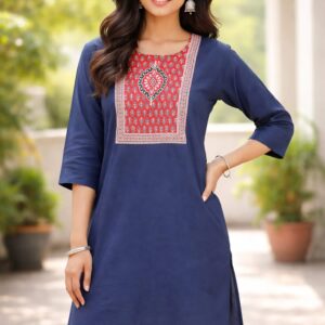 women rayon printed straight kurti – navy blue with ethnic yoke design