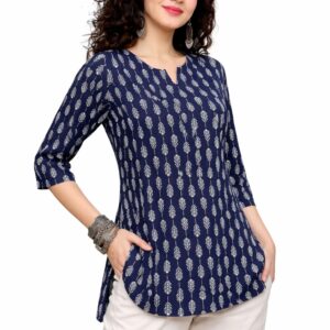 women printed navy blue short kurti