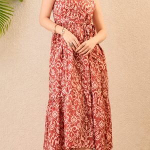 brown abstract printed fit & flared midi dress