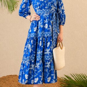 blue floral printed shirt midi dress