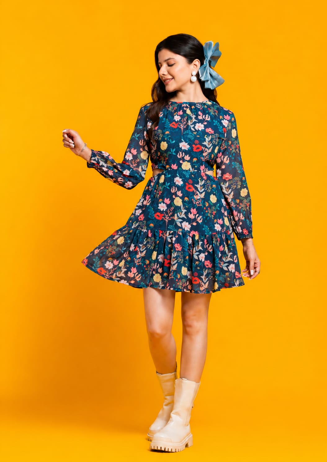 teal blue flared cutout tiered dress
