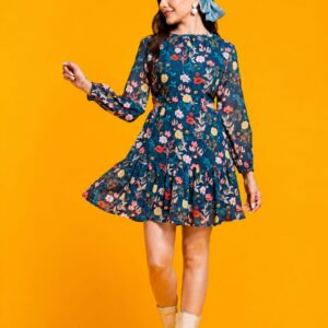 teal blue flared cutout tiered dress