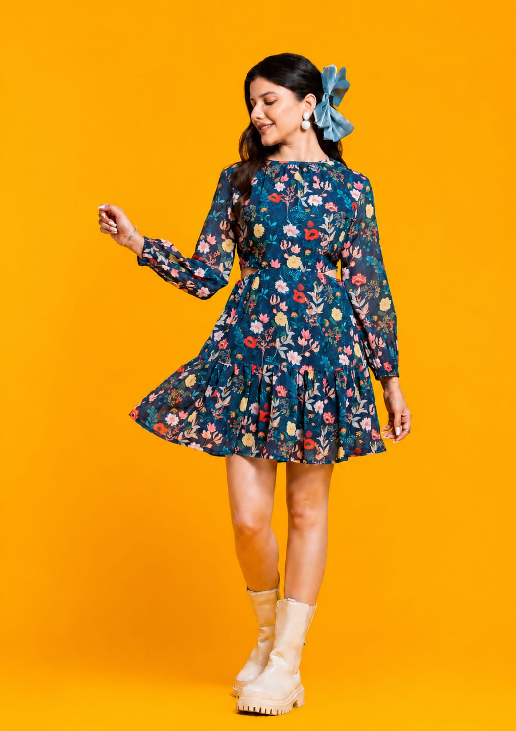 teal blue flared cutout tiered dress