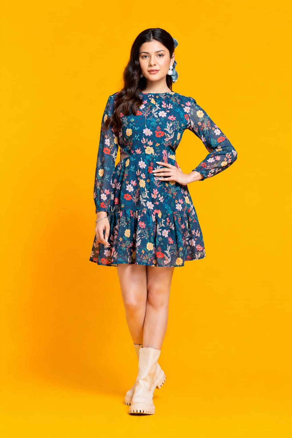 teal blue flared cutout tiered dress